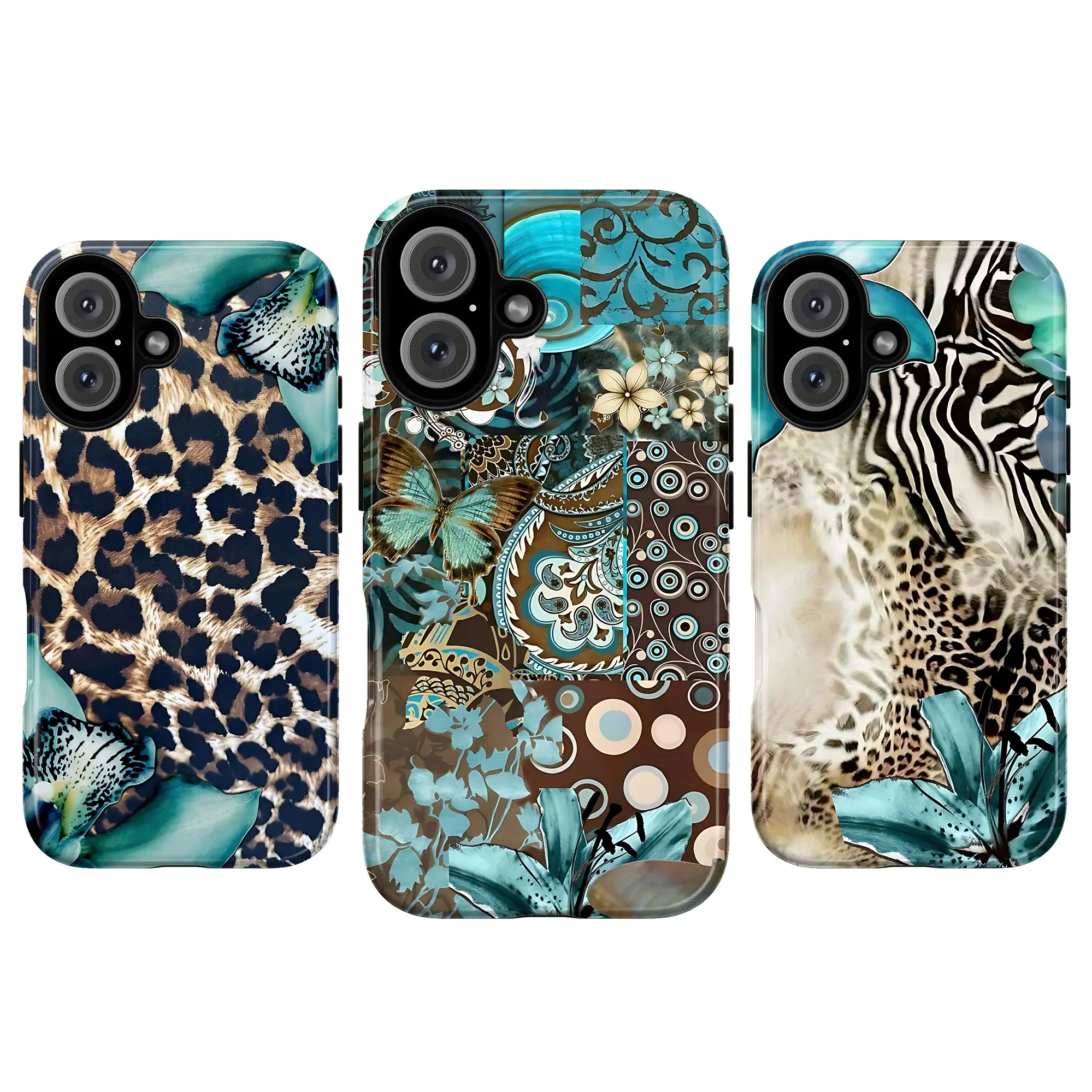 Vintage Teal Leopard Print Aesthetic Cellphone Case - Boho Non-Woven Patchwork Tough Casing with Zebra, Butterfly Collage Art - Trendy Gift for Her - Compatible with iPhone 11-17 Pro Max XR XS, Galaxy S21-S25 Phone Accessories, Smartphone, Cover