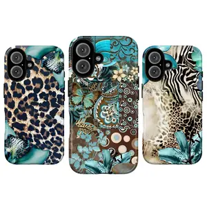 Vintage Teal Leopard Print Aesthetic Smartphone Case, Leopard Zebra Butterfly Collage Art Casing, Boho Patchwork Tough Cover, Trendy Classic Gift for Her, Compatible with iPhone 17-11 Pro Max XR XS & Galaxy S21-S25, Mobile Cellphone Accessories