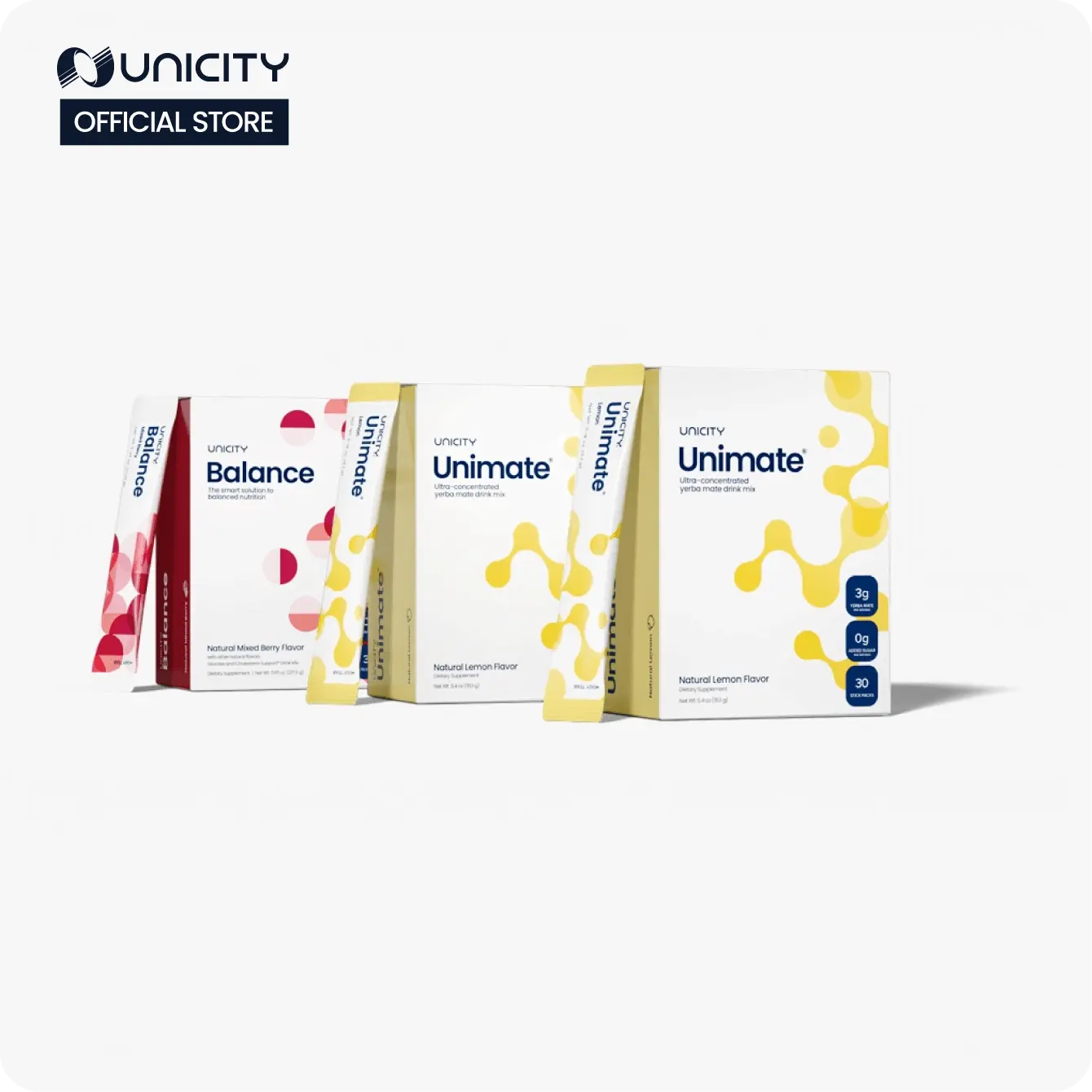 Unicity Feel Great - Lemon Unimate (2) Mixed Berry Balance (1) - 30-day supply