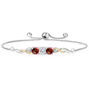 Gem Stone King Two-Tone Gemstone Birthstone and Garnet and Accent Lab Grown Diamond Infinity Tennis Bracelet For Women In 925 Silver and 10K Yellow Gold | Round 5MM and 1.3MM | Fully Adjustable Up to 9 Inch