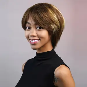 Human Hair Pixie Cut Wig Short Straight Hair Wigs for Women Wigs with Bangs for Daily LD1