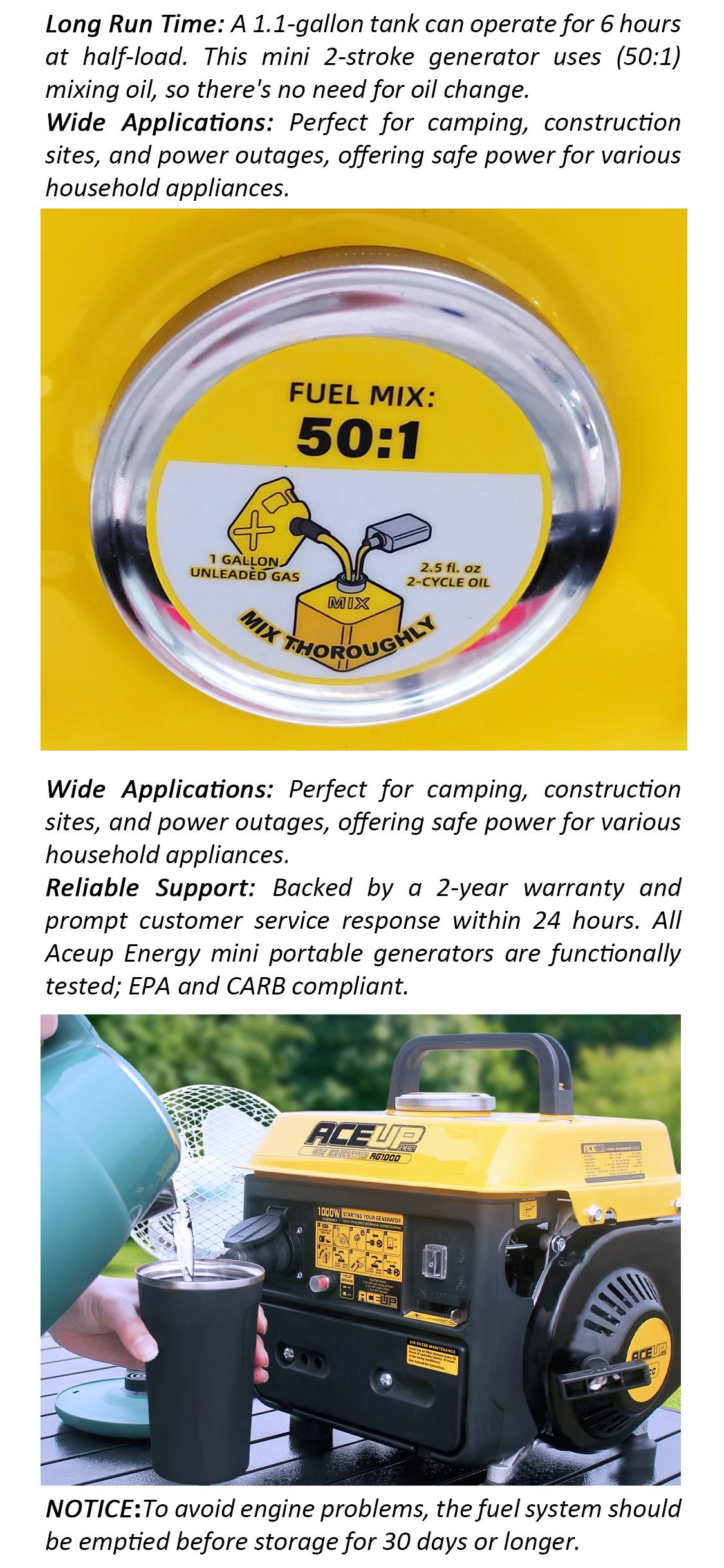 Aceup Energy 1200W 2-Stroke Portable Gas Generator AG1200 Small Ultralight Camping EPA & CARB Compliant