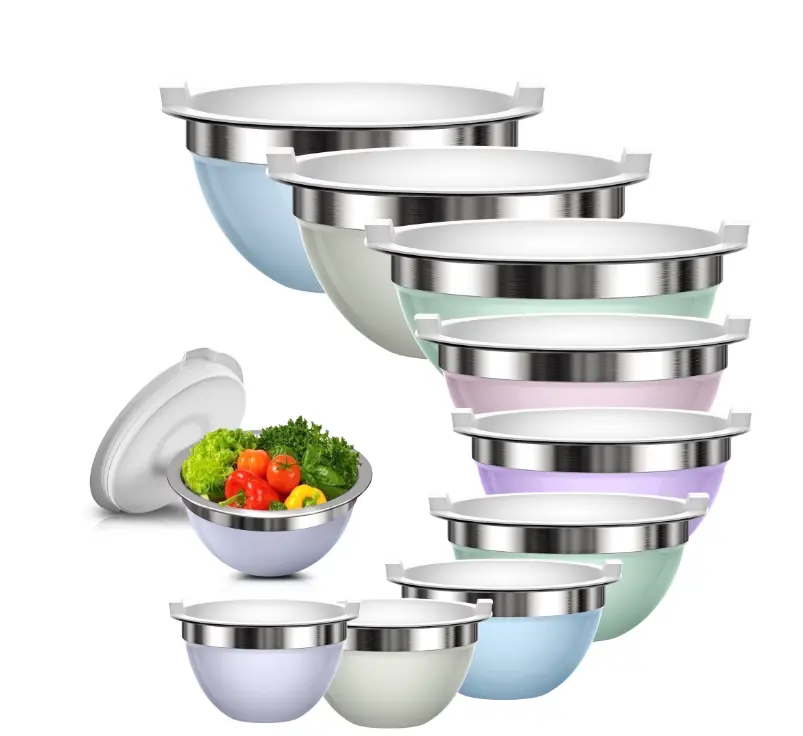 Laoyebaoho Stainless Steel Mixing Bowls with Lids, 9 Pcs Metal Nesting Mixing Bowls for Kitchen,Great for Cooking, Baking, Serving