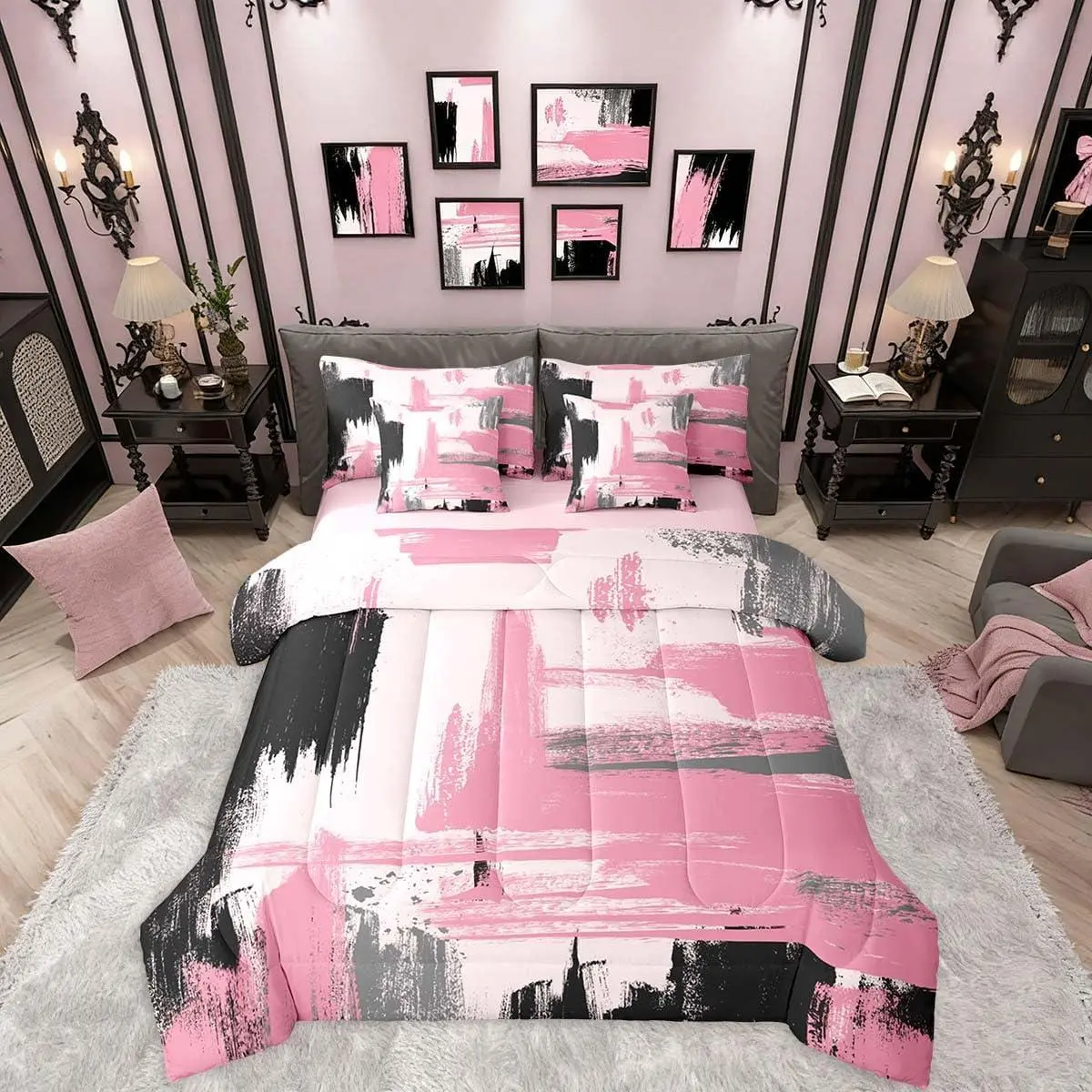 Feelyou 7-Piece Pink and Black Abstract Comforter Bed Set - Geometric Modern Art Bedding for Girls, Queen Size Comforter Set with Girly Fashion Design for Teens, Bed Comforter Set, Comforter Queen Size