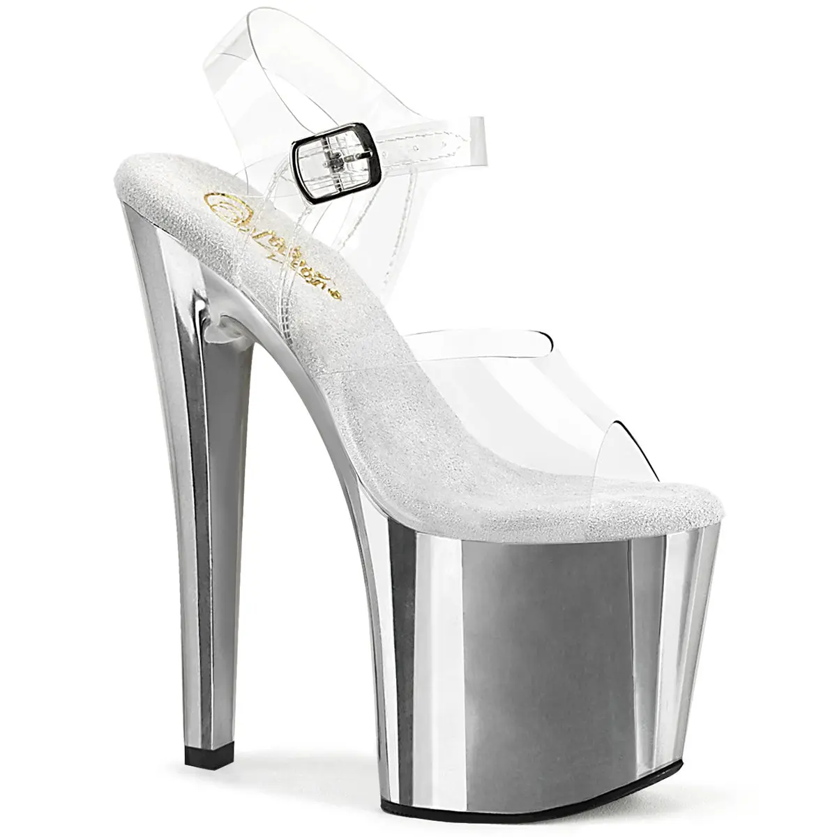 Women's Stylish Fashion Heeled Platform Sandals - 8-in Heel, 3.75-in Platform, Ankle Strap, Prismatic Chrome Design Classy Footwear, High Heel