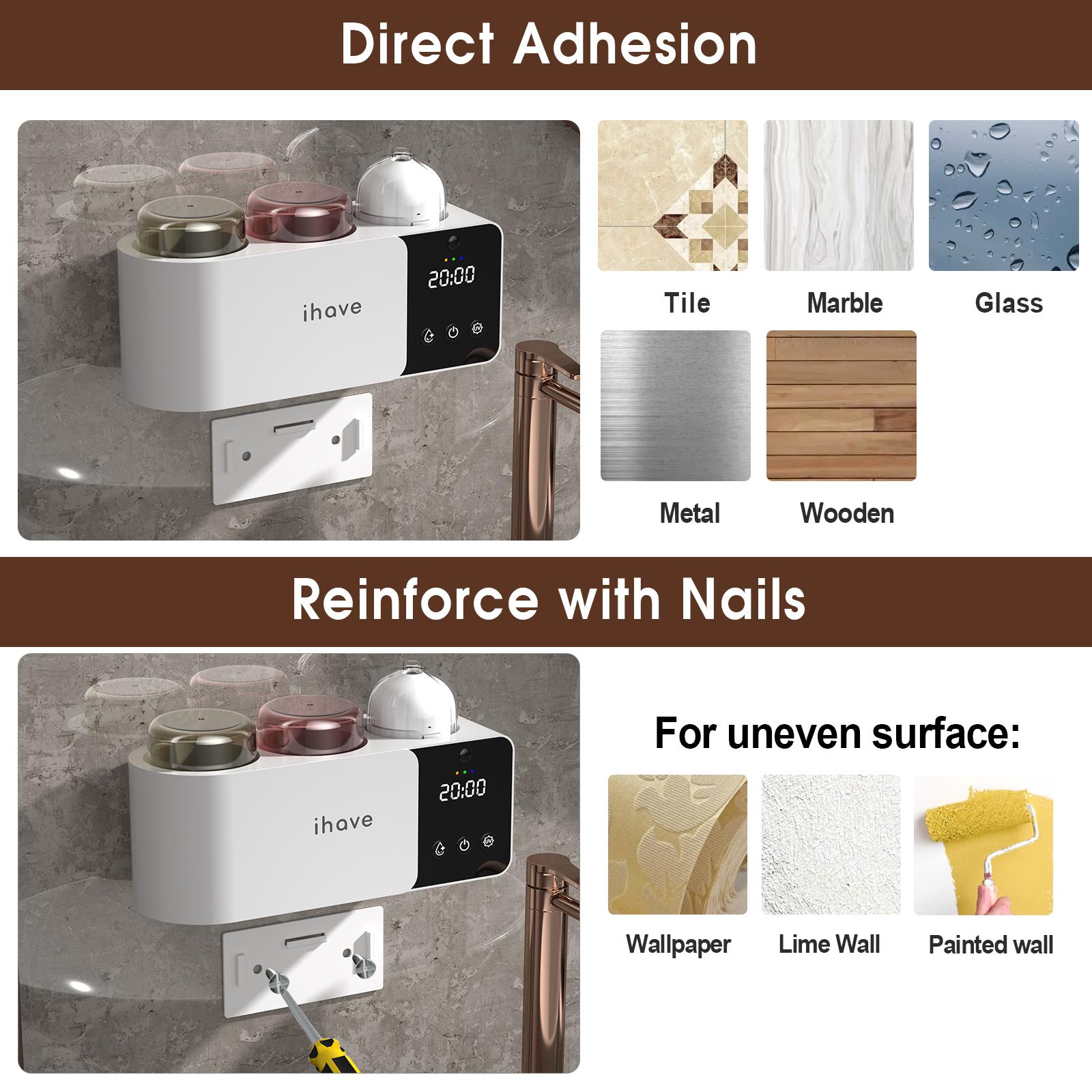 iHave Toothbrush Holders with UV Toothbrush Sanitizer & Aromatherapy Diffuser - Toothbrush Holder for Wall Mounted Toothbrush Organizer, Toothbrush Sanitizer and Holder with Night Light, Clock, Turbo Air Heated Drying – Bathroom Organizing with 2 Cups