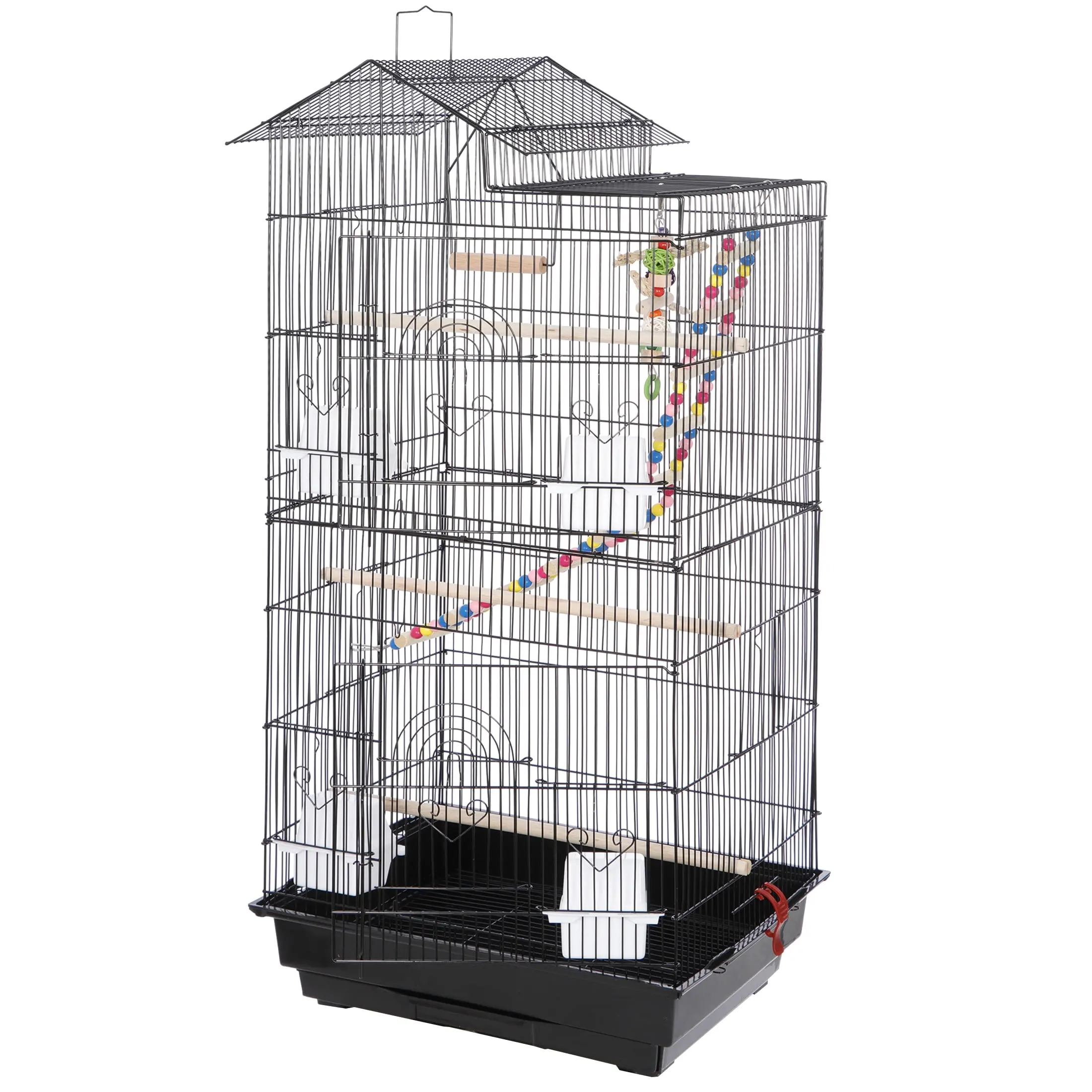Segawe 39" Stable Wrought Iron Flight Cage - Black Outdoor Weatherproof Parrot Cockatiel House, Bird Supplies, House-Like Design with Play Features, 19.3x14x62in, 20.1lbs, All Seasons, Removable Tray, Easy Cleanup, Feeding Door, House Shape