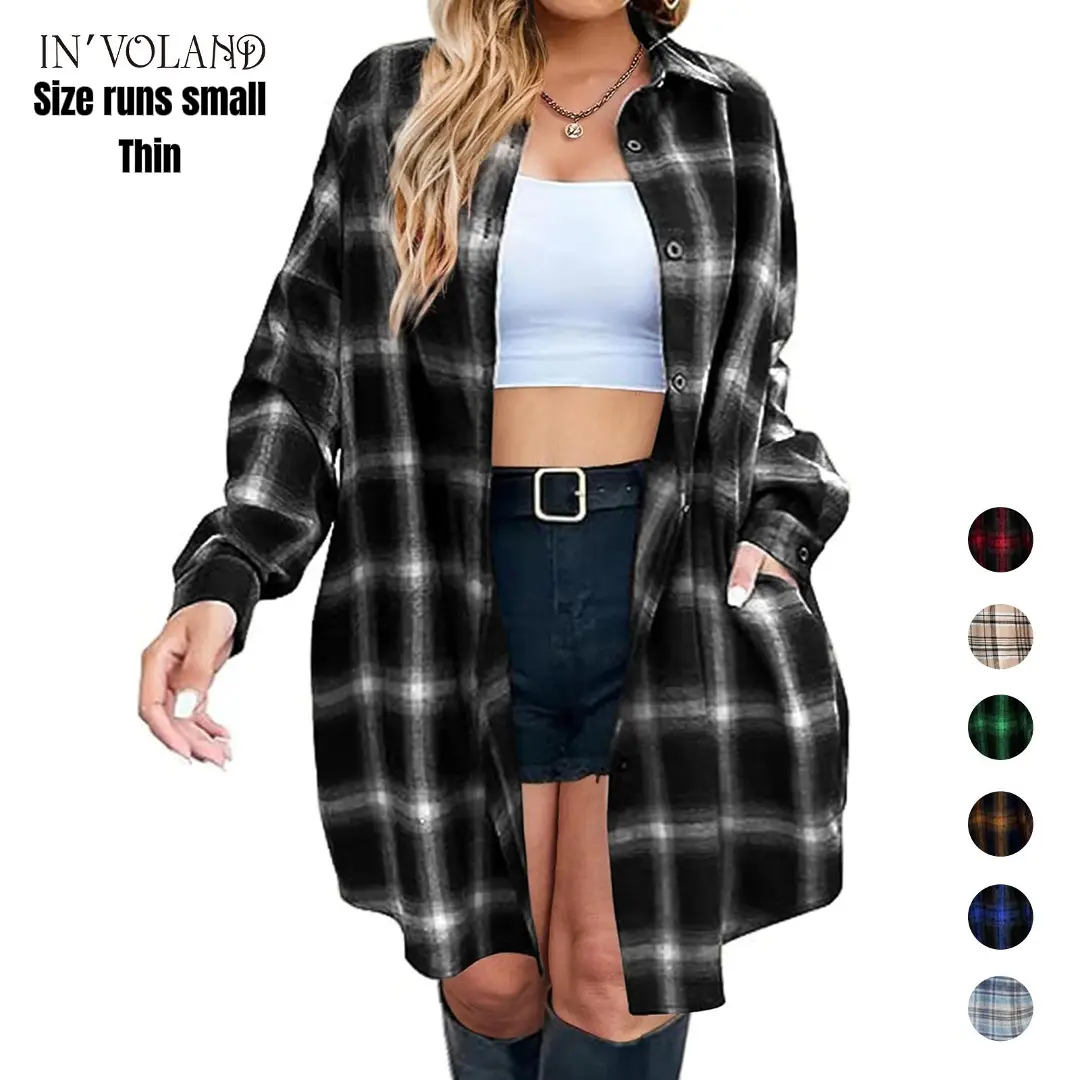 IN'VOLAND Women's Plus Size Plaid Flannel Shirts, Oversized Long Sleeve Button Down Shacket, Business Casual Lightweight Coats with Pockets, Essential, Tunic, Soft, Simple, Basic, Bodycon, Lady, Piece, Tops, Chic, Polyester, Fabric, Comfy