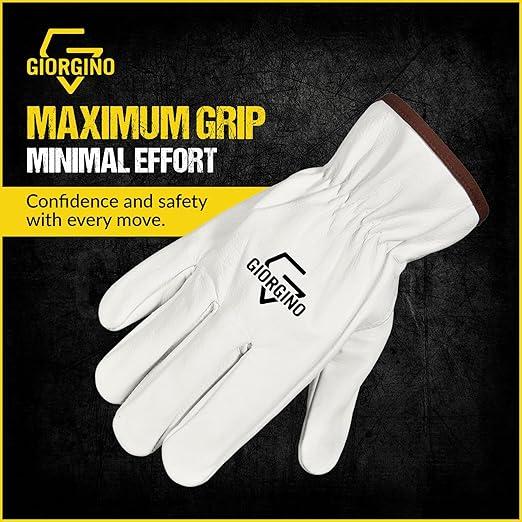 Giorgino 12 Pairs Leather Work Gloves Men with FREE Denim Apron Heavy Duty Cowhide Driver Gloves Unlined Construction Gloves