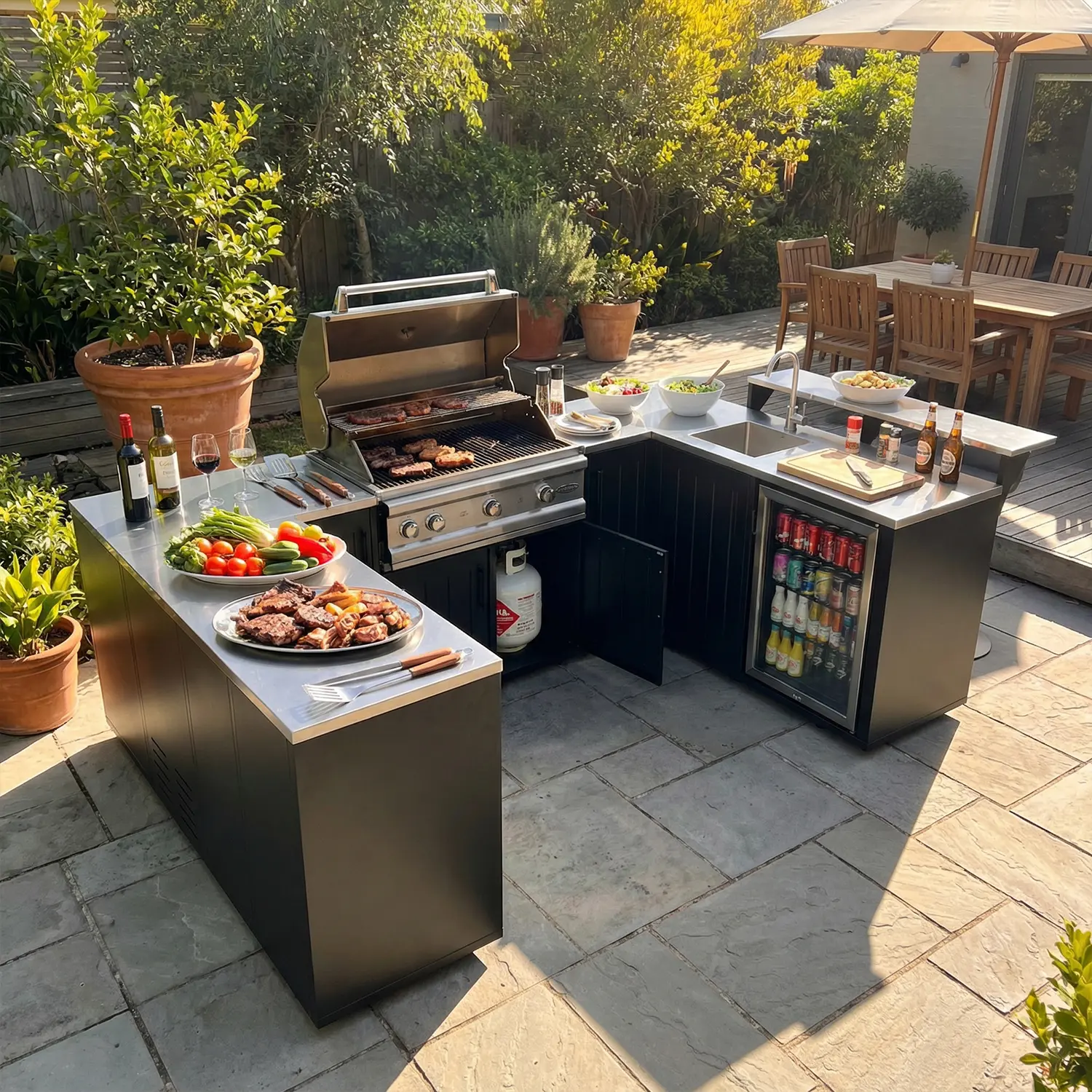 FUFU&GAGA Modern L-Shaped Garden Cooking Island Cabinet - All-Weather Stainless Steel Multi-Zone BBQ Grill Station with Sink, Bar Counter, Water-Resistant Matte Black Vertical Slat Doors, Heavy Gauge Build, Hidden Trash Drawer for Patio Backyard Use