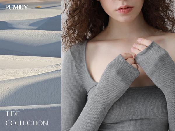 PUMIEY Women's Square Neck Long Sleeve Maxi Dress Ribbed Bodycon Dresses for Women Soft Lounge Dress Casual Womenswear TIDE COLLECTION Elegant Basic Aegean Bottom Minimalist Summer Rayon Spandex