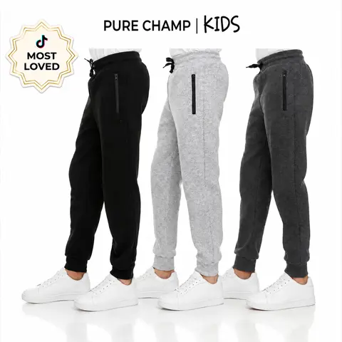 PURE CHAMP Boys' Cotton 3-Pack Fleece Jogger Sweatpants with Zipper Pockets, Sizes 2T-4T
