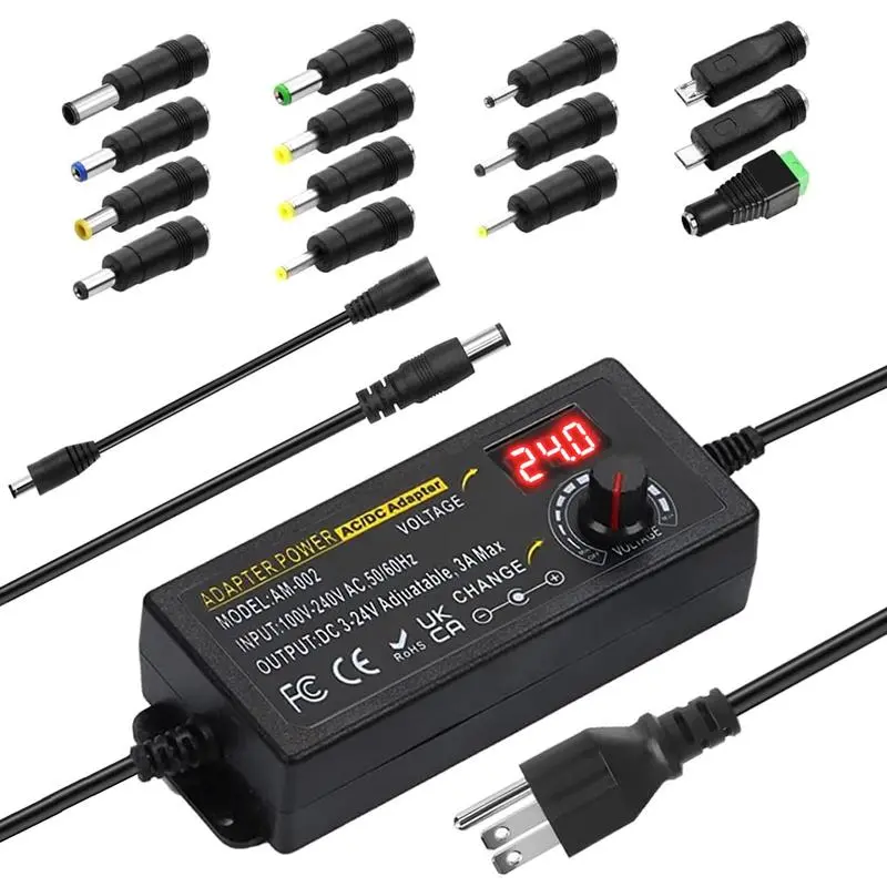 Universal US Plug Converter AC-DC Volt Adapter, Universal Power Supply with 3.5-24V/2A Adjustable Output, LED Screen, Reverse Polarity Wiring, 14 Connectors for Automotive & Motorcycle Car Electronics USB Charging