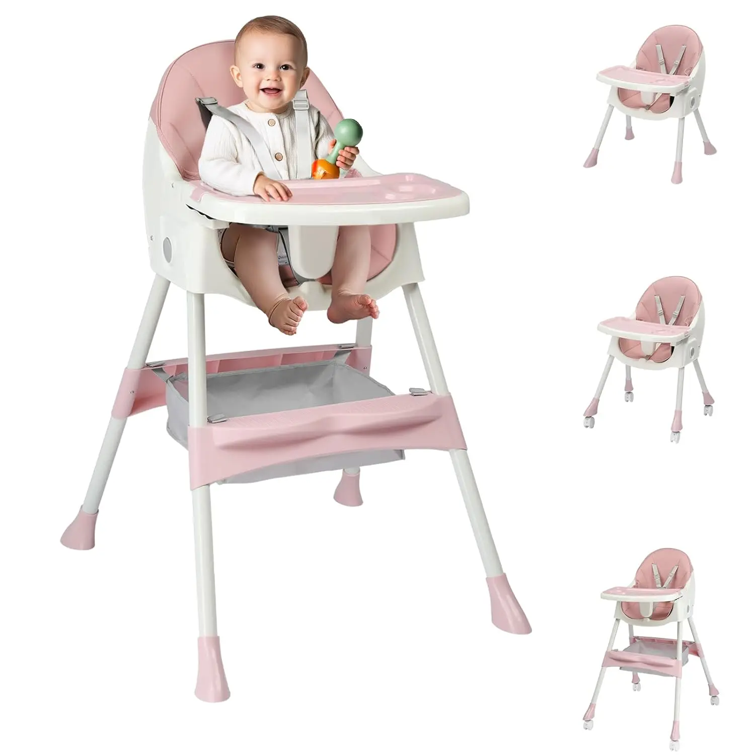 JOYMOR Foldable Baby High Chair, 2-in-1 Portable Convertible Highchair with Removable Dual-Layer Tray, 5-Point Safety Harness and Storage Bag for Toddlers & Babies