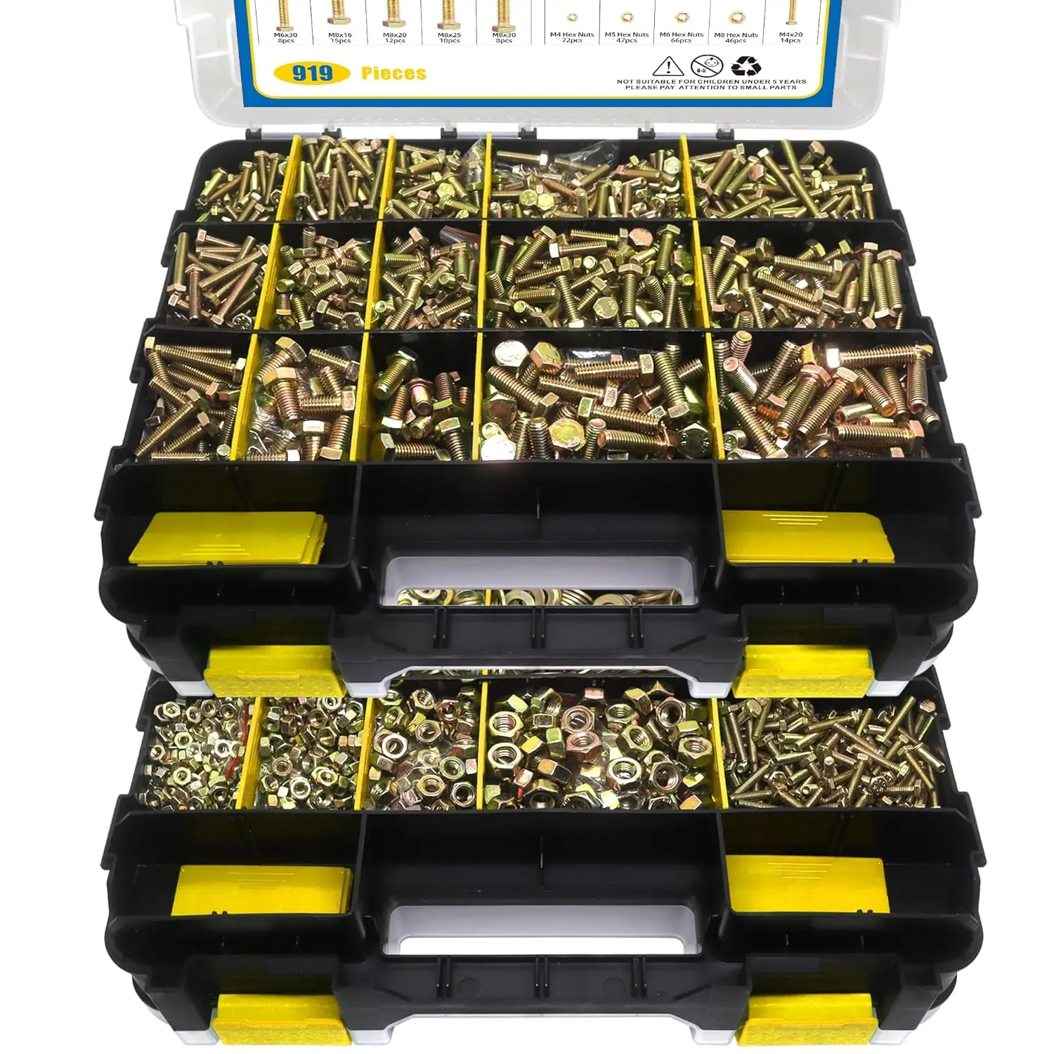 919-Piece Metric Bolt Assortment – M4, M5, M6, M8 Nuts & Kit, Yellow Zinc Plated, Lengths 12–30mm, for DIY Projects & Summer Upgrades