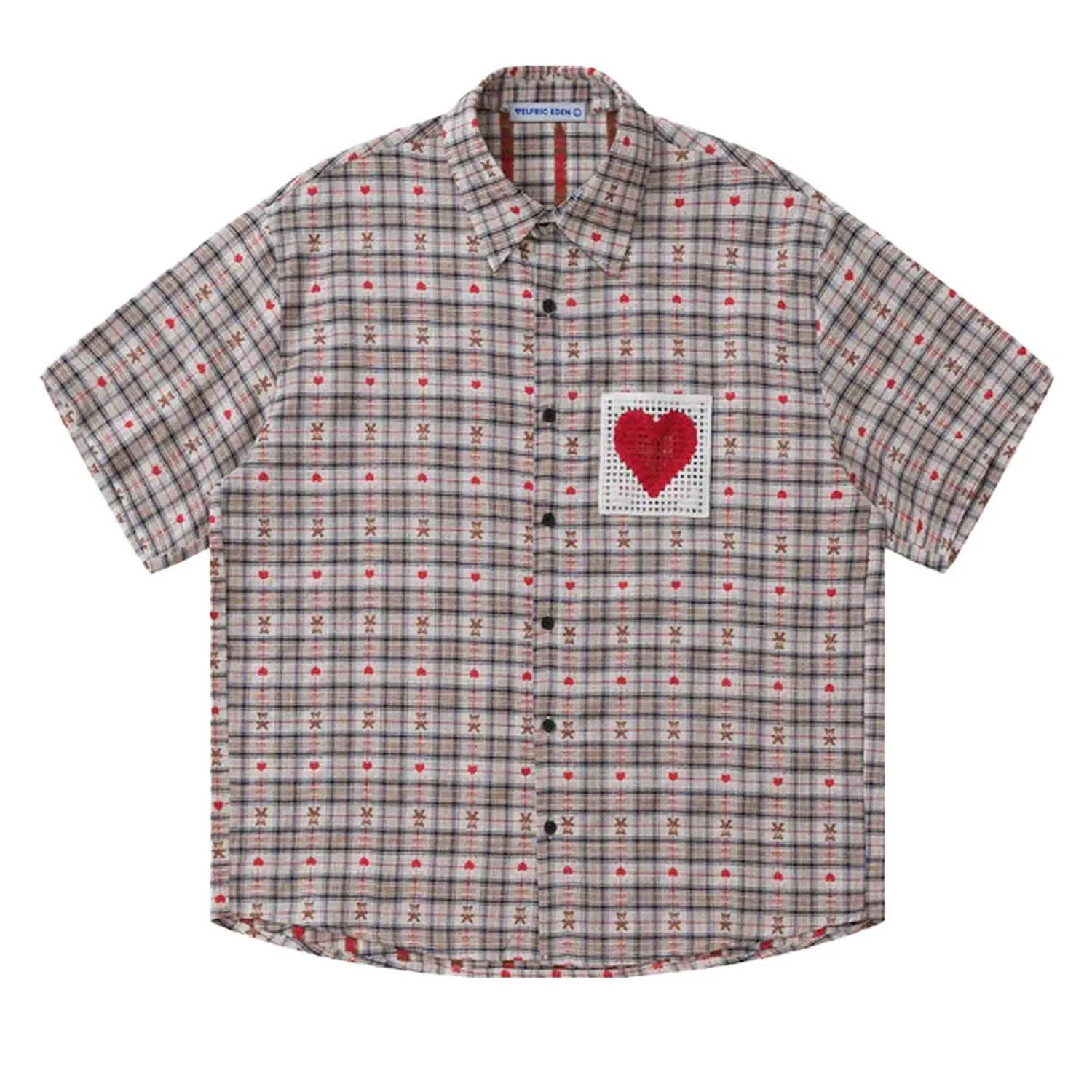 Aelfric Eden Men's Cotton Checked Short-Sleeve Button-Down Collar Shirt - Classic Basic Fabric, Unisex Cut-Out Heart Casual Summer Streetwear Top, Shortsleeve, Loose, Streetwear Clothing, Oversized, Thanksgiving, Plaid Shirts