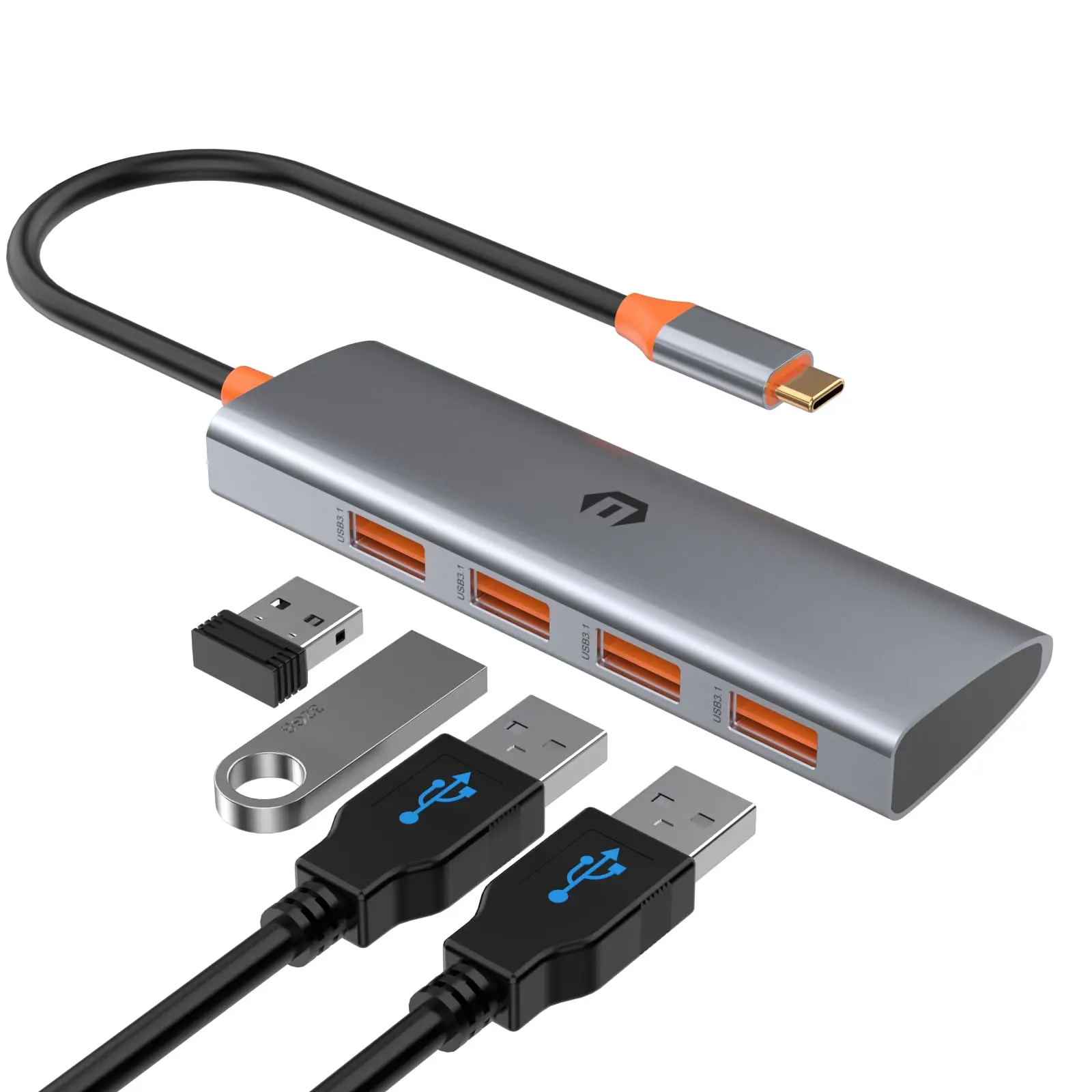 Amazon-branded 4-in-1 USB-C Multi-Function Hub Dock, compatible with laptops and iPad Pro. Features 4 USB 3.1 ports supporting high-speed data transfer at twice the speed of USB 3.0.