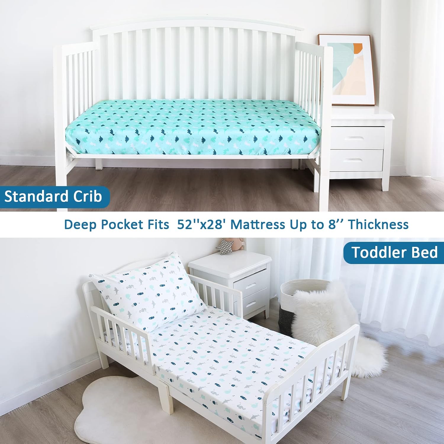 SpringSpirit Baby Crib Sheets for Boys Girls 2-Pack, Fitted Sheet 52'' x 28'' Standard & Toddler Mattress, Soft and Breathable Microfiber Baby Sheet, Neutral Grey Dinosaurs & Pink Unicorns #TiktokShopSpringGlowUp