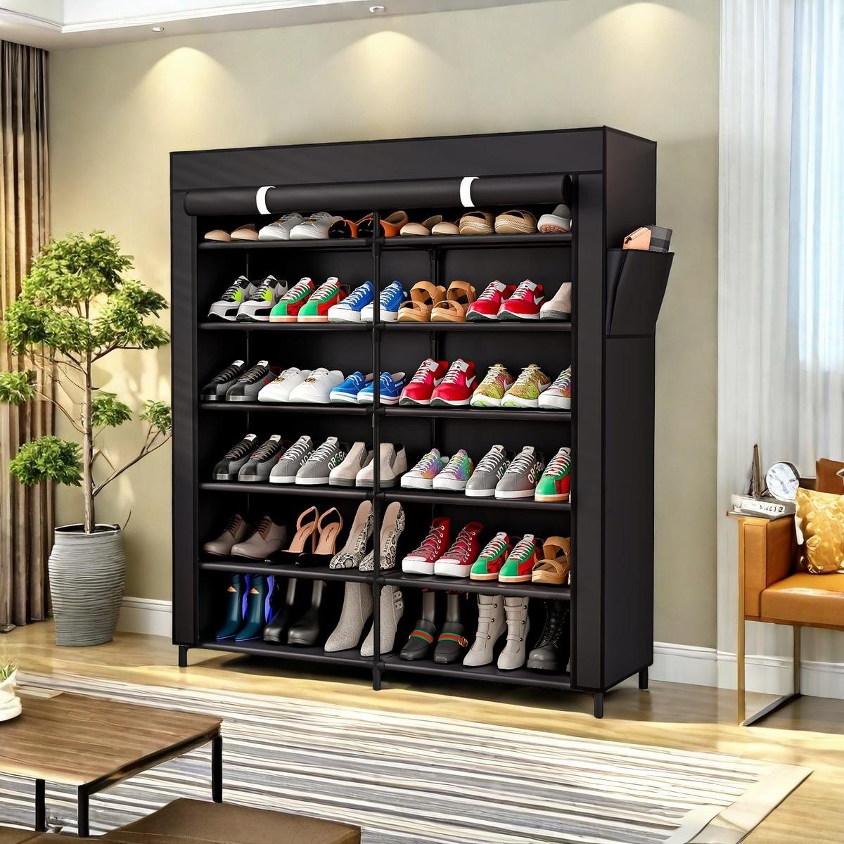 Shoe Rack Storage Organizer 7 Tier 42 Pairs Portable Metal Dust Cover Non Woven with Side Pocket Shoe Shelf Cabinet for Entryway Bedroom Closet, Coffee