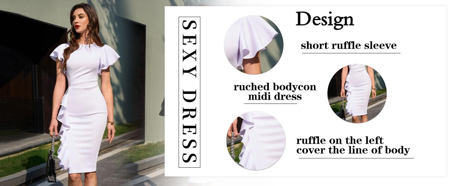 OYS Women's Vintage Church Ruffle Sleeve Ruched Bodycon Work Midi Pencil Dress OYS Women's Vintage Church Ruffle Sleeve Ruched Bodycon Work Midi Pencil Dress