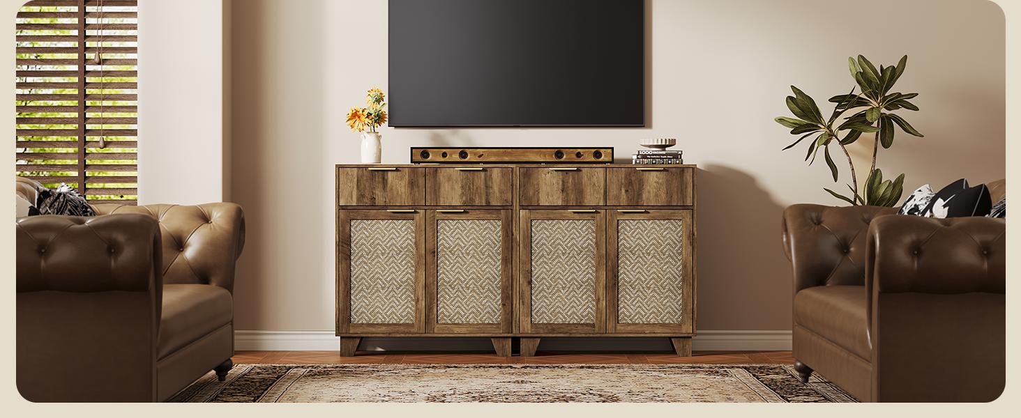 【SPOTLIGHT DAY】ONBRILL Sideboard Buffet Cabinet with 2 Drawers, Coffee Bar Cabinets with 2 Doors, Boho Farmhouse Accent Credenza Buffet Table Console Cabinet with Adjustable Shelves for Living Room, Entryway