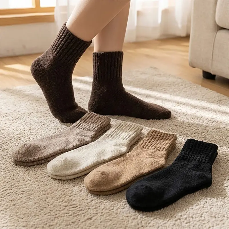 Women's Modest Retro Rib-Knit Thick Plain Everyday Mid-Calf Crew Socks for Fall-Winter, Comfortable Fabric, One Size Fits Most (US 5-9)