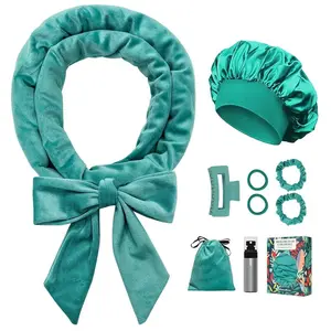 No Heat Overnight Curl Headband, 70" Soft Ribbon Wrap for Long Hair, 9 PCS Hair Curling Rods Set - Blue Green