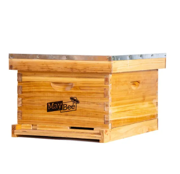MayBee Hives 10-Frame Langstroth Complete Wood Beehive Kit for Beginners - Preassembled Wax-Coated Cedarwood-Pinewood Deep/Medium Boxes, 10 Deep Frames, 100% Beeswax Plastic Foundations, 1x Bottom Board, Entrance Reducer, Top Cover, Dry-Safe Hive Body