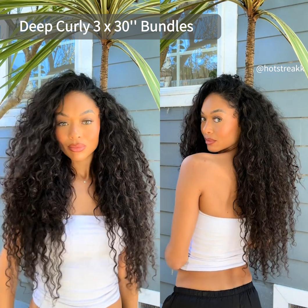 [Ashine] Vacation Hair 10A Brazilian Virgin 100% Human Hair Deep Wave Deep Curly Bundles Sew In Quick Weave Ponytail Closure Extensions One-directional Cuticles-sleek, Tangle-resistant, and Re-wearable 12-30 Inches Afro Kinky Bulk