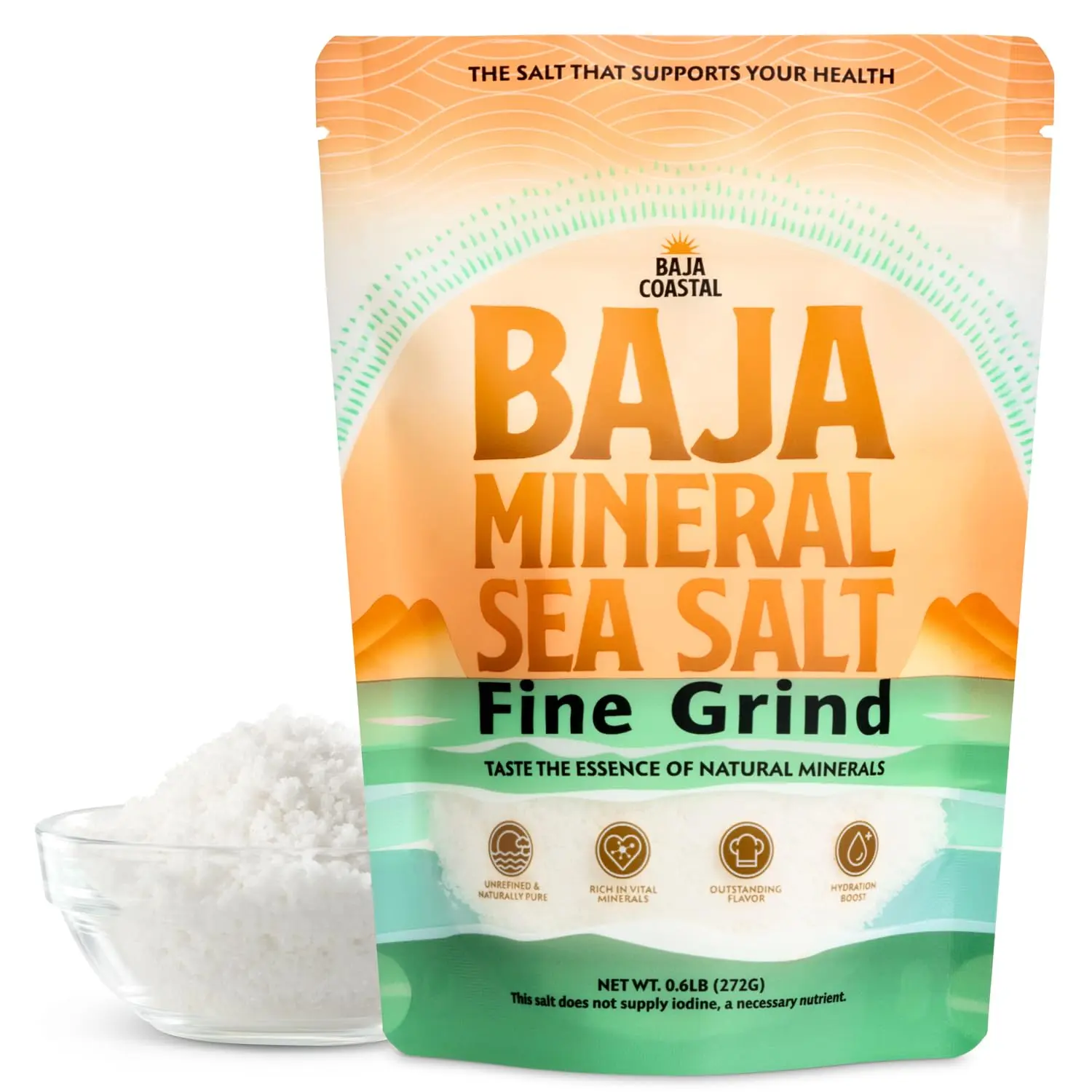 Baja Coastal - Baja Mineral Sea Salt, Fine Grind, 0.6lb - 9.6oz. 100% Organic & Unrefined, Rich in Essential Minerals, Low Sodium Salt, Perfect for Cooking, Plating, Hydration, and Grinding, Hand Harvested Crystals from the Sea of Cortez