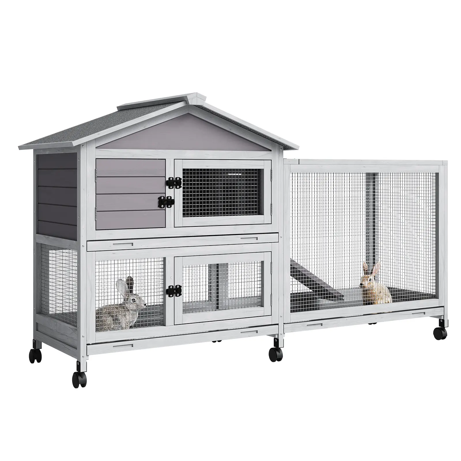 Wood 2-Level Rabbit Hutch with Weatherproof Heavy-Duty Asphalt Roof, Ramp, 6 Locking Wheels, 3 Pull-Out Trays, Indoor/Outdoor Bunny Cage (Grey)