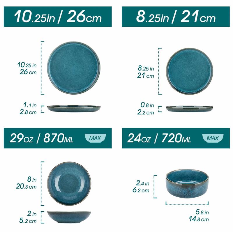 vancasso VEGA Plates and Bowls Sets, 12/16/18 Pieces Stoneware Dinnerware Sets Dishes Set Modern kitchen Dishware Sets Service for 4/6 People, Dishwasher and Microwave Safe, Blue Tableware