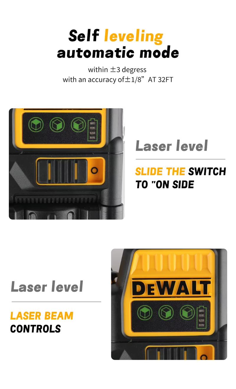 DEWALT TOOLS  12 Lines 3 Sides 360 Degree Vertical 12V Lithium Battery Laser Level Green Meter for Woodworking Framing & DIY Renovation tool set