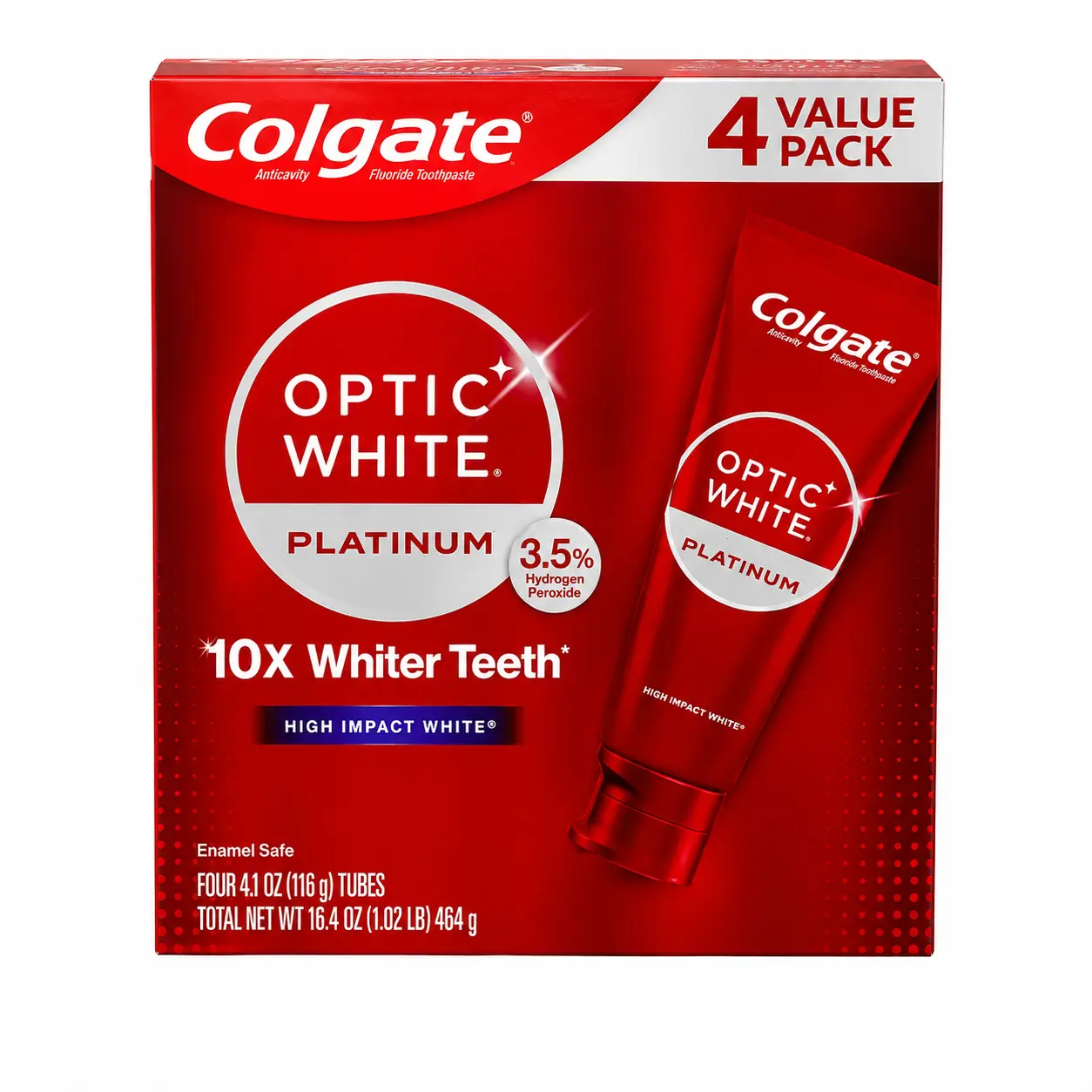 Colgate Optic White Platinum Unisex Toothpaste - Advanced Whitening with 3.5% Hydrogen Peroxide, Enamel-Safe for Daily Use, High-Impact White, 4.1 oz, 4 Pack