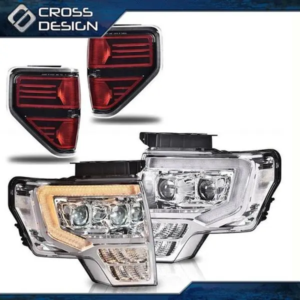 CROSSDESIGN LED Headlight Kit with Chrome Housing for 09-2014 Ford F150 - Vehicle-Specific Fit Chrome Dual LED Projector Car Headlights, 1 Pair of Tail Lights, Car Exterior Upgrade
