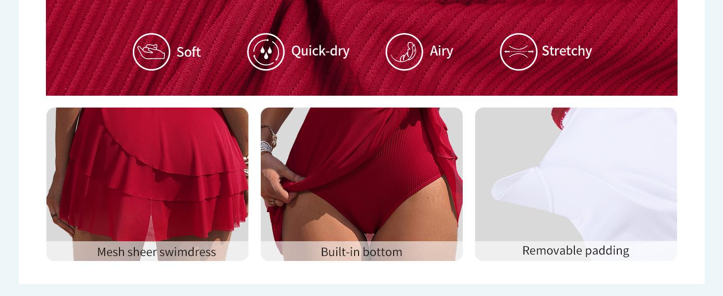 Charmo Women One Piece Swim Dress Tummy Control Swimsuit Full Coverage Bathing Suit Mesh Sheer Swim Skirt Swimwear