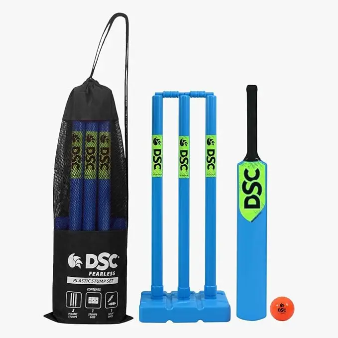 Men's Cricket Stump Set, High-Quality Durable Plastic with Sturdy Construction, Portable for Indoor/Outdoor Practice - Blue, Includes 3 Stumps, 2 Bails, 1 Base, Training Equipment, Lightweight, Includes Base