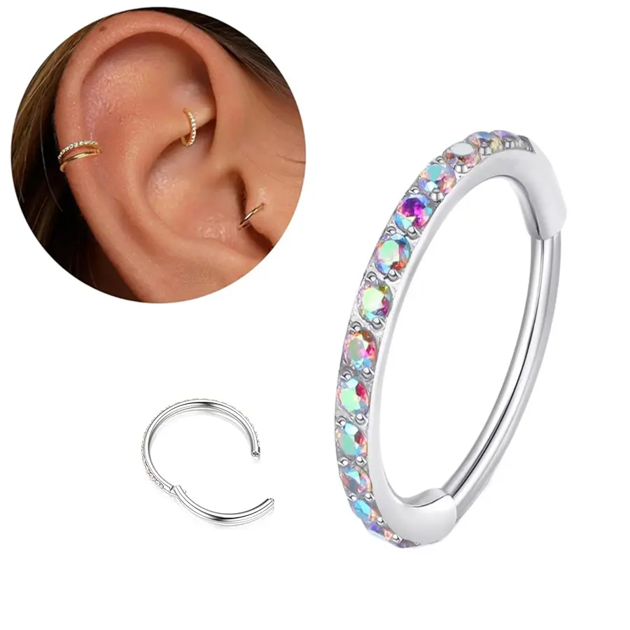 18G Aurora CZ Titanium Nose Ring Hinged Clicker Ring Septum Conch Helix Cartilage Piercing Daith Hoop Earrings Body Jewelry magnetic Rainbow Colorful trendy  8mm