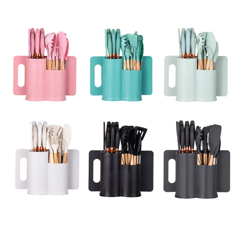 19PCS Silicone Kitchen Utensils Set with Knife Set, 5-Piece Knives + Utensil Holder, Heat Resistant Cooking Tools, Nonstick Safe Wooden Handle Kitchen Gadget Set, Spatula Turner Tongs Whisk Ladle for Home Cooking