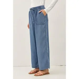 Denim Wash Wide Leg Ankle Length Pants