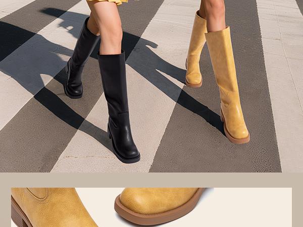 Athlefit Women's Banana Mid Calf Boots Square Toe Wide Calf Slip On Chunky Riding Boots for Women Low Heel Shoe Footwear Stylish Leather