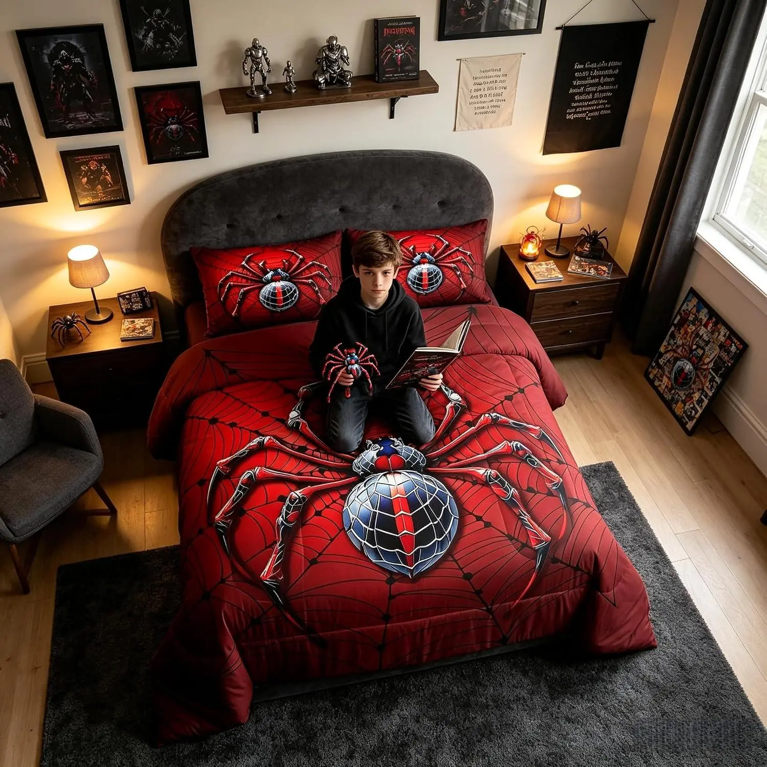 Spider Web Comforter Set,Red Spider Arachnid Insect Animal Bedding Set,Room Decor,Happy Halloween Trippy Down Comforter,Blue Black Fashion Duvet Insert,Pillowcases