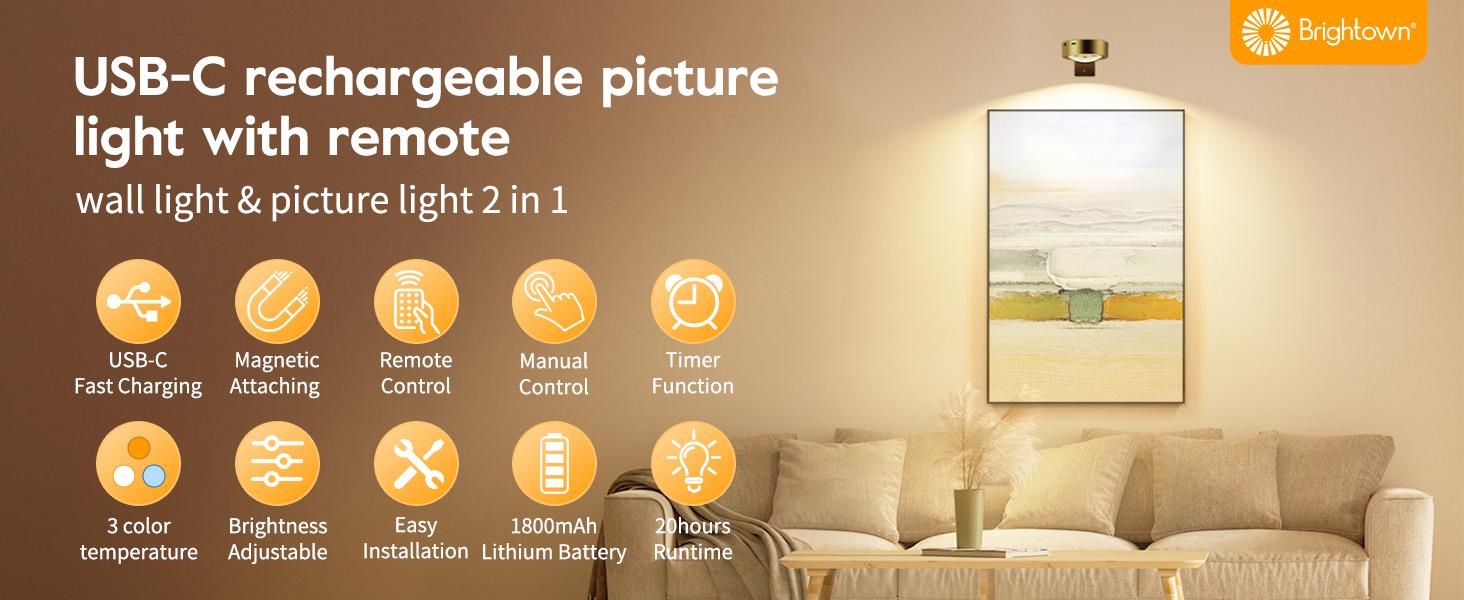 Brightown Picture Lights for Wall,Rechargeable Battery Operated Painting Light Magnetic Art Display Light with Remote, Puck Lights, Dimmable & Timer Art Lighting for Paintings Wireless,Gold, Christmas Gifts Ideas