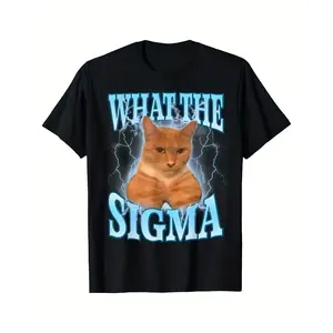 Men's Funny Sigma Meme Cat T-Shirt - Soft Breathable Tee with "WHAT THE SIGMA" Graphic, Casual Everyday Shirt for STEM, Gaming, Parties - Machine Washable Black Crewneck Top, Gaming Apparel, Allseason Wear, Party Outfit