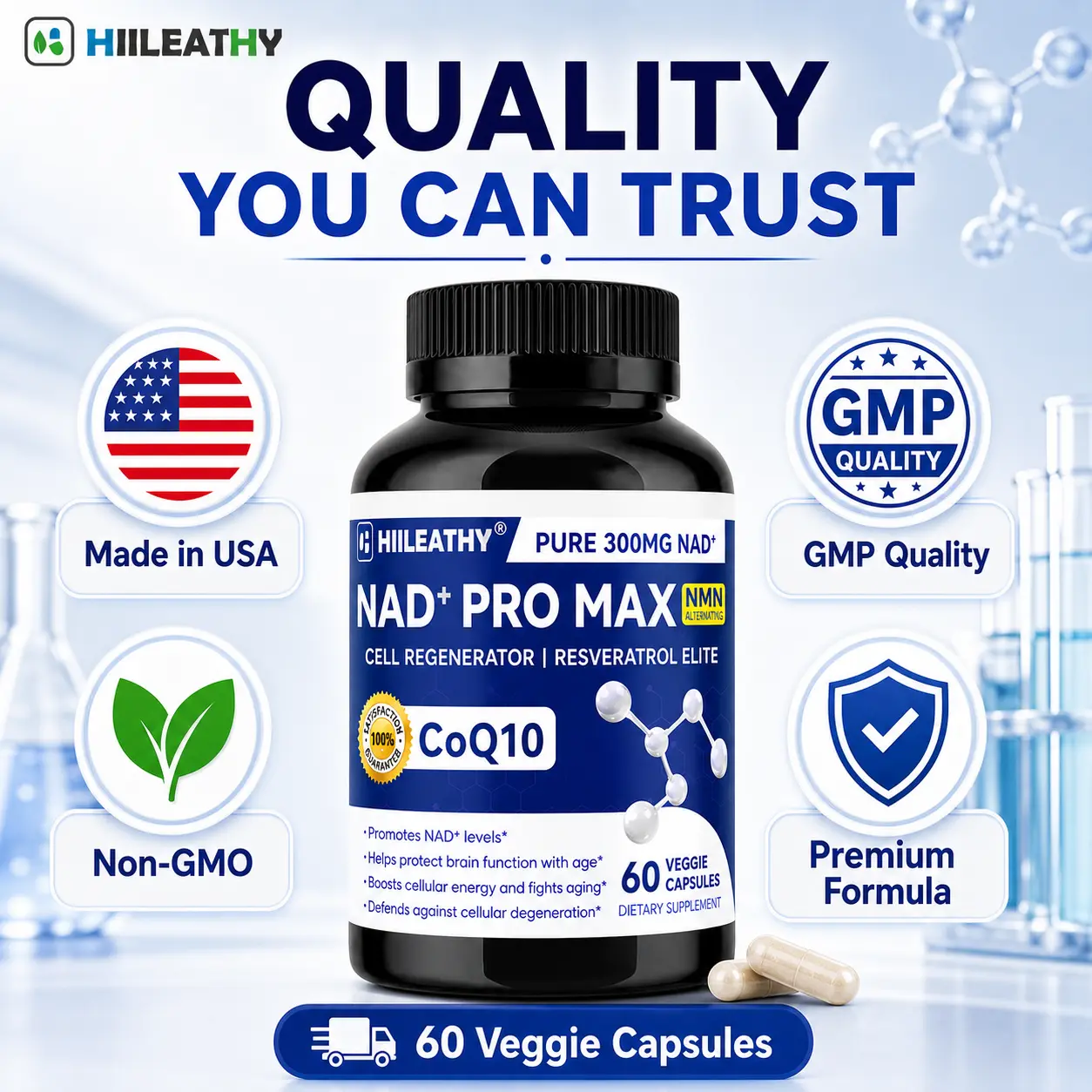 HIILEATHY NAD+ PRO MAX – Premium NAD+, CoQ10 & Resveratrol Blend | Anti-Aging, Breast & Hip Firming, Daily Vitality Supplement