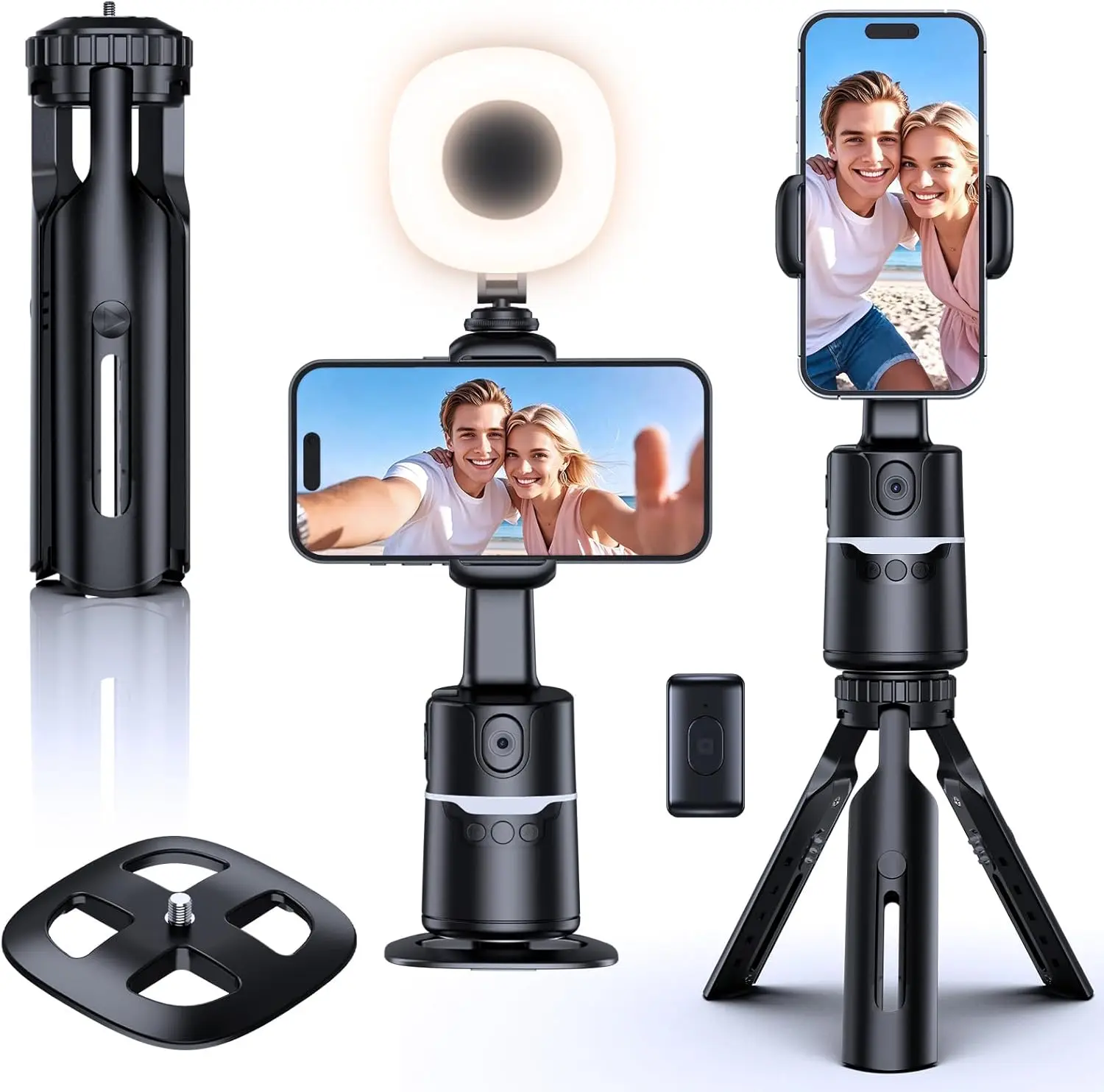 UBeesize Adjustable 360° Auto Face Tracking Tripod with Light & Remote - Portable Desk Stand, Gesture Control, No App Needed, Smartphone Camera Accessories for Content Creators, Vlogging & Streaming Equipment, Bluetooth, Cellphone