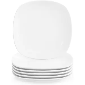 MALACASA Dinner Plates Set of 6, 9.7" White Porcelain Side Plates Square Dessert Plates Salad Plates, Microwave & Dishwasher Safe, Series Elisa