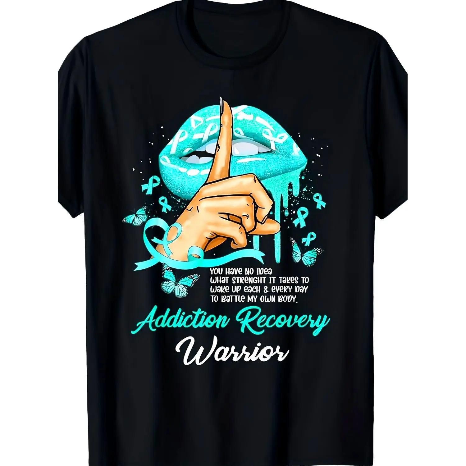 Women's & Men's Cotton Crew Neck Addiction Recovery Warrior T-Shirt - Sobriety Gift with Teal Lips & Butterfly Design, Black Plus Size Big & Tall Apparel, Machine Washable for Recovery Meetings, Casual Wear