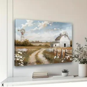 Framed Rustic Windmill Wall Decor, Farmhouse Barn Art, Rustic Countryside Landscape, Canvas Print Abstract Meadow Flowers Modern Art, for Living Room, Bedroom, Kitchen	