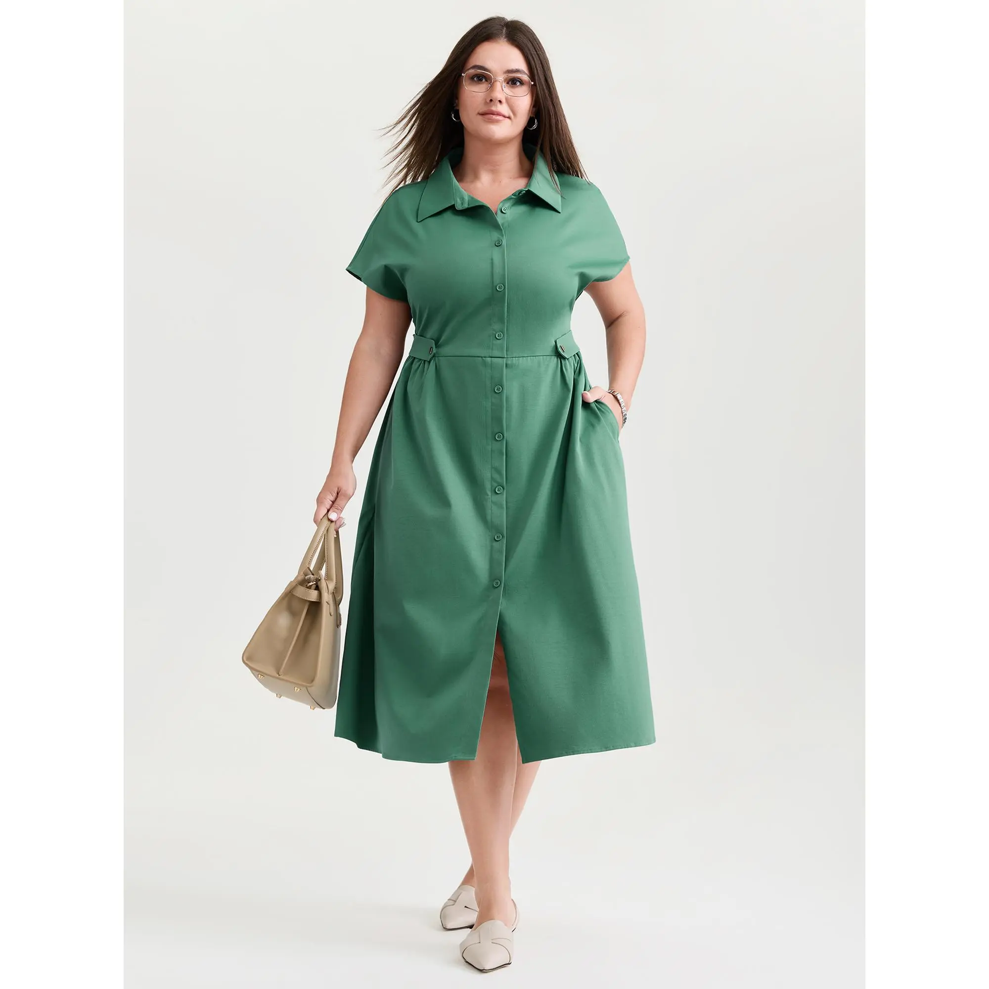 BloomChic Women's Emerald Polyester Shirt Dress, an Office to Casual Midi with Dolman Cap Sleeves and Pockets, Fabric, Office Wear, Low Iron, Button Front, Mid-Length, Smooth, Garment, Business Casual Dresses, Do Not Tumble Dry, Hand Wash Only, Solid